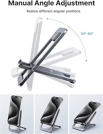 JSAUX Cell Phone Stand, Foldable Aluminum Adjustable Phone Holder for Desk Portable Travel Essentials Office Accessories for iPhone 17 16 15 14 13 Pro Max Samsung S25 S24 S23 Ultra Kindle-Gray