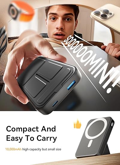 for Magsafe Power Bank, 10000mAh Wireless Portable Charger with Foldable Stand, 20W PD Fast Charging, Travel Essential for Magsafe Battery Pack, Compatible with iPhone 17/16/15/14 Series