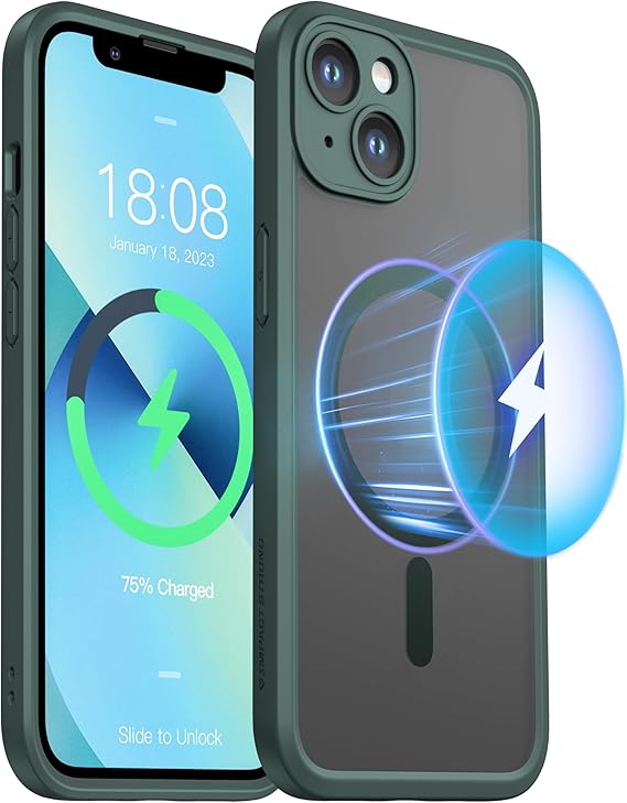 ImpactStrong Magnetic Guard Designed for iPhone 14 Case [Camera Protection] [Military Grade Drop Tested] [Compatible with MagSafe] Slim Translucent Matte Phone Case (6.1") - Dark Green